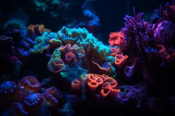 Fototapeta na wymiar Vibrant glowing sea creatures in tank. Generative AI