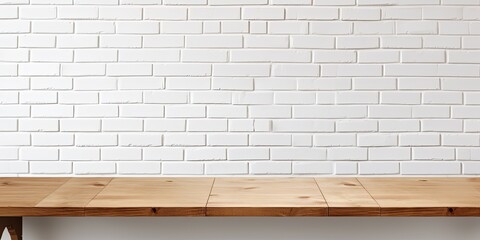 Empty wooden table over white brick wall background, wooden kitchen counter for food and product display template, white wall backdrop