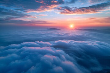 Panorama sunrise from the top of the mount Fuji. The sun is shining strong from the horizon over all the clouds and under the blue sky. good New year new life new beginning. Abstract nature background - obrazy, fototapety, plakaty