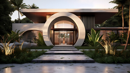 A contemporary front yard with a striking entrance, featuring a combination of concrete pathways lush greenery, and modern sculptures. The design reflects a perfect blend of sophistication and natural