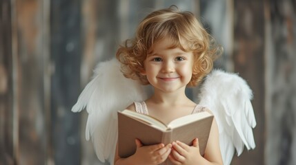 Little Angel with Wongs Holding a Book and Smiling. Generative AI. - obrazy, fototapety, plakaty