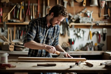 Craftsman Working Wood in Workshop. Generative AI.