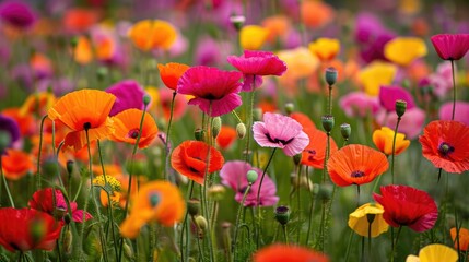 poppies in various hues, forming a vivid and picturesque floral background generative ai