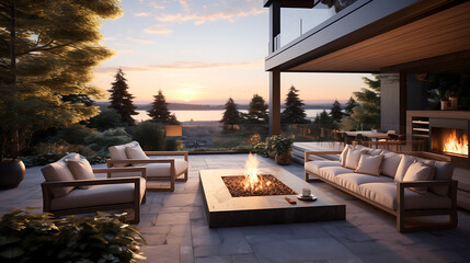 A contemporary patio with a cozy outdoor fireplace, comfortable seating, and a view of the...