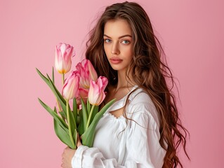 Portrait of young pensive woman near vase with flowers bouquet against white background. Mothers day, birthday, anniversary, celebration, holiday, greeting, festive event. Isolated image.