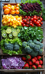 The photo is of various fruits. A diverse collection of fresh fruits and vegetables stuffed into a sturdy wooden crate.