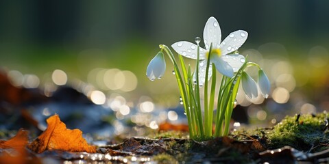 A dew drop on a snowdrop petals in spring