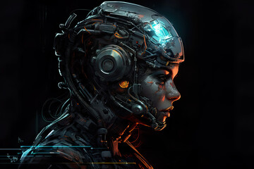 portrait of a cyberpunk pobot in the city