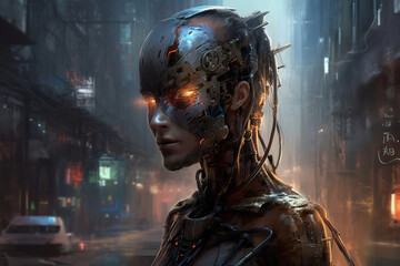 Obraz premium portrait of a cyberpunk pobot in the city