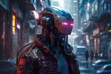 Fototapeta na wymiar portrait of a cyberpunk pobot in the city