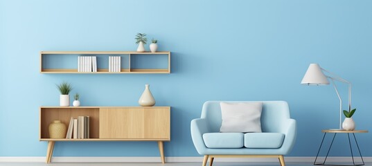 Modern scandinavian renew blue living room with sleek furniture and captivating bookshelf.