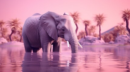 Elephant animal drinking water pink light AI Generated pictures