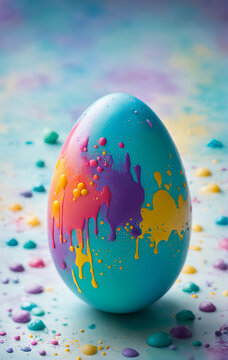 close up of Easter egg splashed with paint stains on blurry bokeh background. Preparations for the Easter offering. 