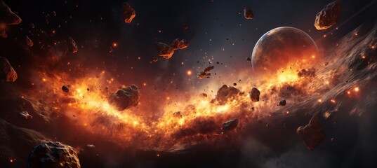Captivating sunrise over planets in enchanting space with celestial asteroids shimmering