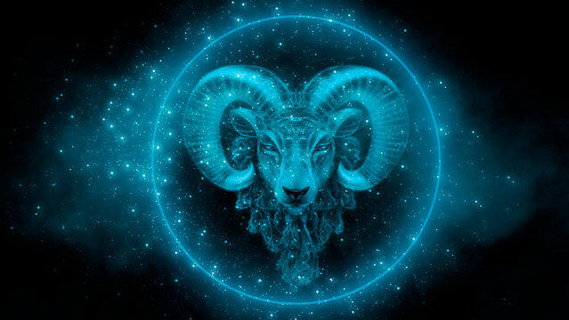 Aries zodiac sign, blue neon, nebula space background.