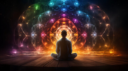 A Man Seated in a Lotus Position While Looking at a Colorful Chakra Theme Pattern of Lights - obrazy, fototapety, plakaty