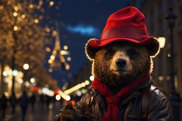 Bear in a red hat in Paris