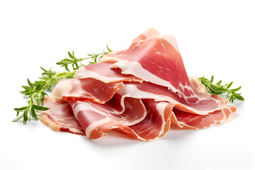 Thinly sliced prosciutto with fresh herbs on white background. Italian prosciutto ham, delicate slices with rosemary. Cured meat prosciutto, elegantly arranged for gourmet appetizers.