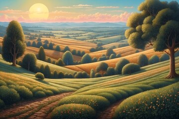 Illustration of countryside landscape in pointillism style. - obrazy, fototapety, plakaty