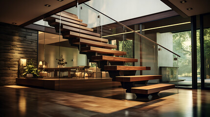  A floating staircase with open risers and a sculptural metal railing. The steps are made of a combination of materials, including wood and glass, creating a contemporary and light-filled passage 