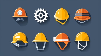 Construction helmet on the gear icons set. Construction, labor and engineering symbols. Helmet and gear flat or line icon. Stock vector