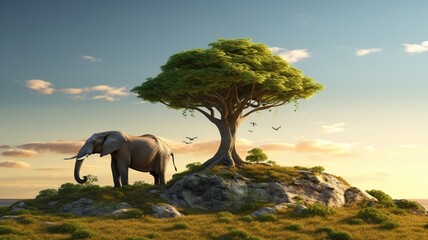 Fototapeta premium Elephant animal hill next tree AI Generated pictures