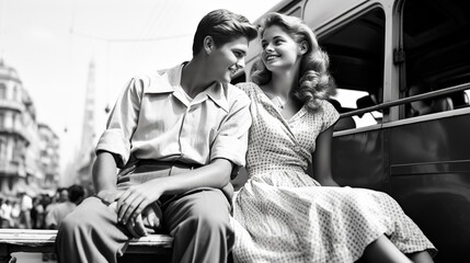Obraz premium Man and woman face to face. Tenderness and love. Lovers and happy. Black and white.