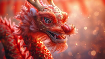 3D Chinese red cute dragon,four legs,ink artistic conception, Black color, strong light sense