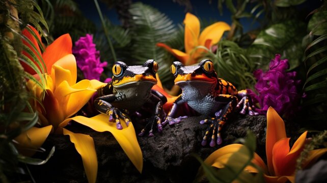 A pair of tropical frogs nestled in a bed of exotic flowers, showcasing their vibrant colors -Generative Ai