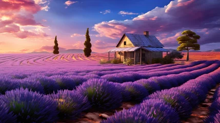 Schilderijen op glas Lavender field Summer sunset landscape with tree. Blooming violet fragrant lavender flowers with sun rays with warm sunset sky © David