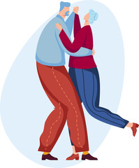 Elderly couple dancing together in casual clothes. Senior man and woman enjoy dance, happy retirement life vector illustration.