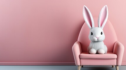 Cute bunny grey toy on pink chair. Generative AI	