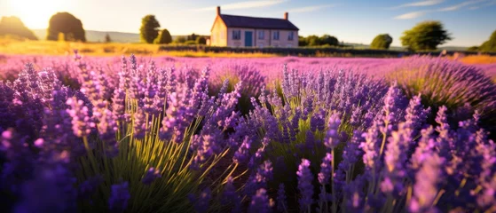Gardinen Lavender field Summer sunset landscape with tree. Blooming violet fragrant lavender flowers with sun rays with warm sunset sky © David