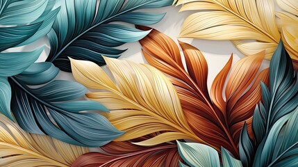 Wallpaper made of palm leaves in blue and gold. Generative AI