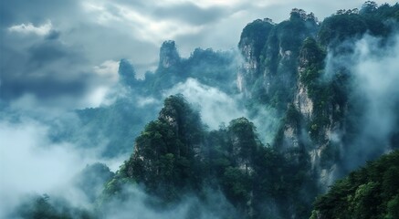 Aerial view of a mountain covered with clouds and fog, in the style of northern and southern dynasties, naturecore, nature's wonder