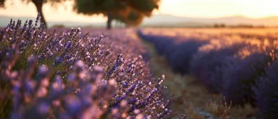 Keuken foto achterwand Lavender field Summer sunset landscape with tree. Blooming violet fragrant lavender flowers with sun rays with warm sunset sky © David