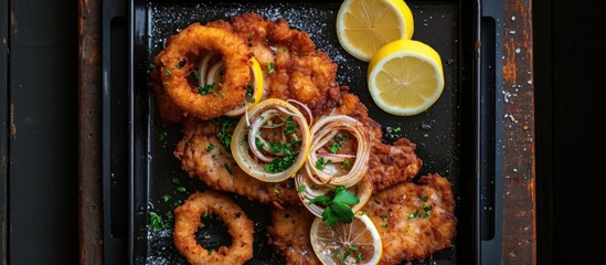 Served on a black tray, a classic fried schnitzel with lemon and onion rings.
