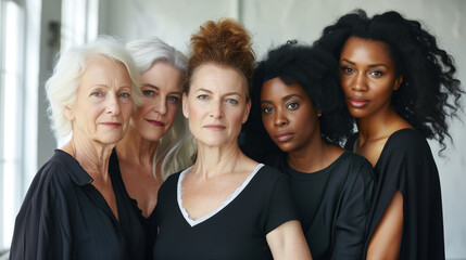 Confident women of different ages and backgrounds showing wonderful skin and health