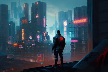 silhouette person in the cyberpunk city