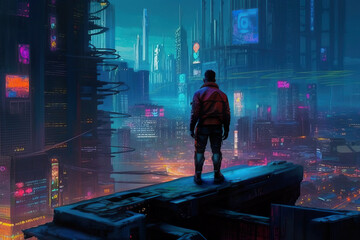 silhouette person in the cyberpunk city