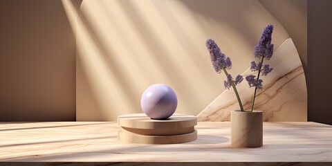  podium on wooden table with lavender flowers, displaying abstract geometrical forms including a cylinder stone sphere, casting a shadow.