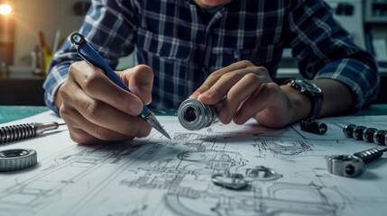 Engineer technician designing drawings mechanical parts engineering Engine manufacturing factory Industry Industrial work project blueprints measuring bearings caliper tools - obrazy, fototapety, plakaty