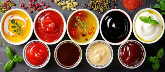 A variety of sauces including soy, balsam, pomegranate, ketchup, sour cream, mustard, and basil.