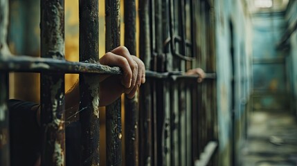 Close up of the hands of a prisoner in a prison cell - obrazy, fototapety, plakaty