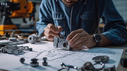 Engineer technician designing drawings mechanical parts engineering Engine manufacturing factory Industry Industrial work project blueprints measuring bearings caliper tools