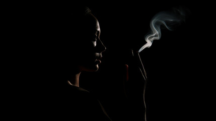 Silhouette d'une personne en train de fumer une cigarette. Sur fond noir, ambiance sombre. Tabac, cigare, fumée. Pour conception et création graphique.