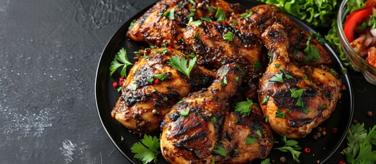 Caribbean jerk chicken on black platter, top view, close-up. - obrazy, fototapety, plakaty
