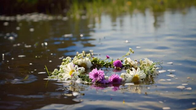 flower crown wreath floating in the river.