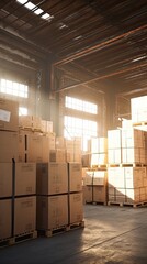 Cardboard boxes on pallets in distribution warehouse