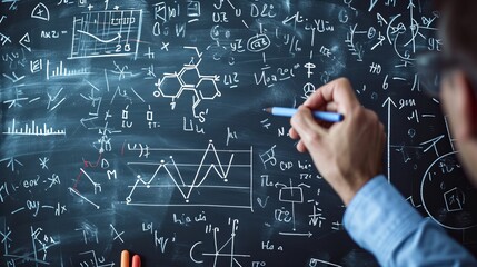 hand writes with chalk on a blackboard formulas, graphs and draws diagrams, the concept of study, school, education, exams, tests, physics concept